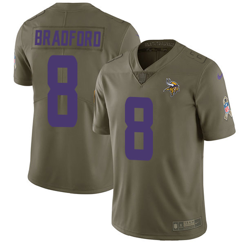 Nike Vikings #8 Sam Bradford Olive Men's Stitched NFL Limited Salute to Service Jersey - Click Image to Close